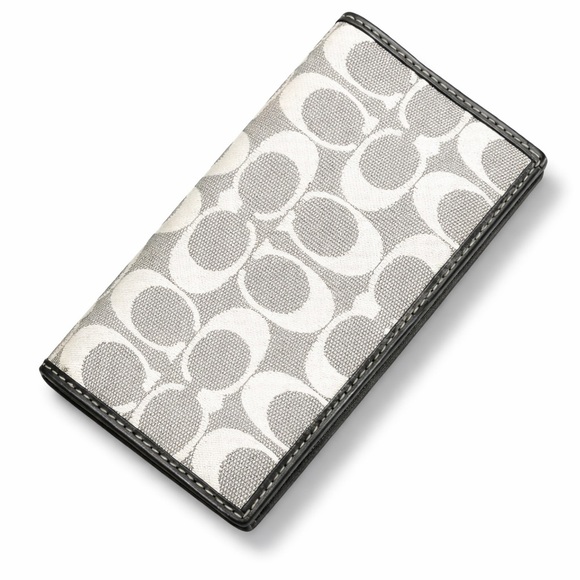 Coach Handbags - COACH Signature Grey Canvas Checkbook Wallet – Classic Logo Print